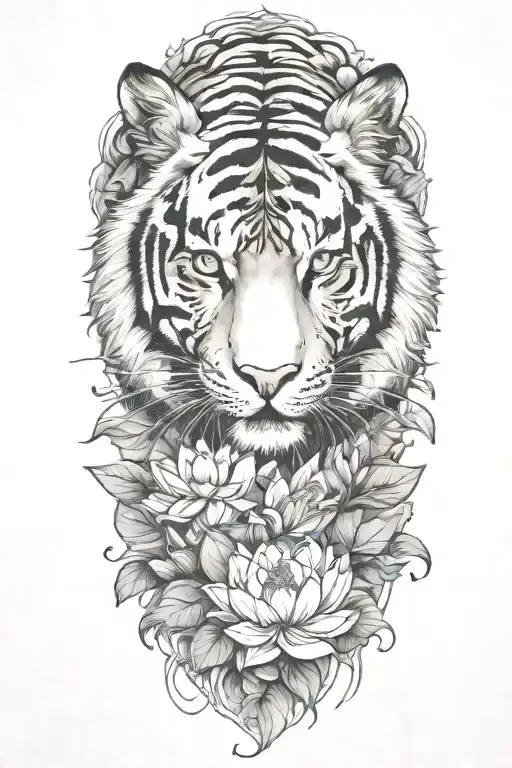 Tiger Surrounded By Lotus Flower Blooming Flower Emerging