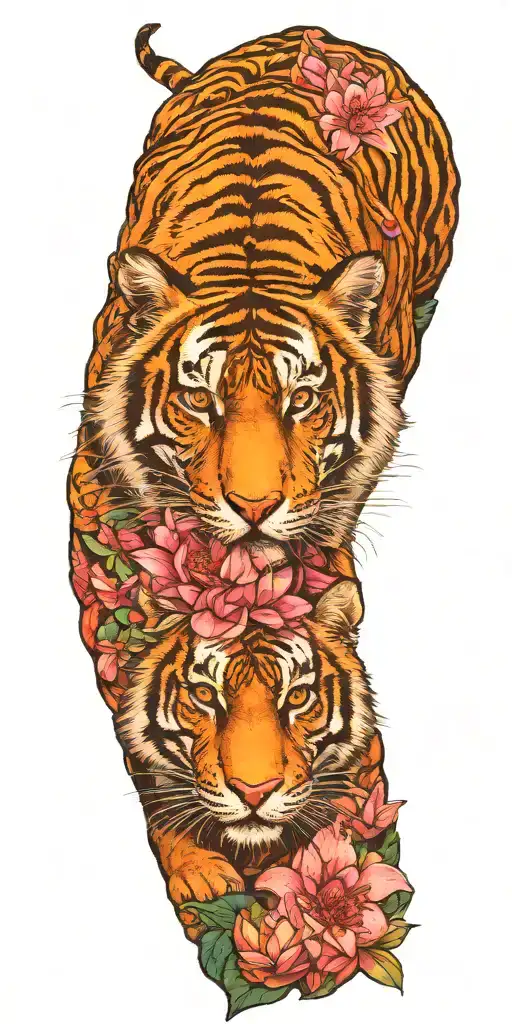 Tiger Surrounded By Lotus Flowers