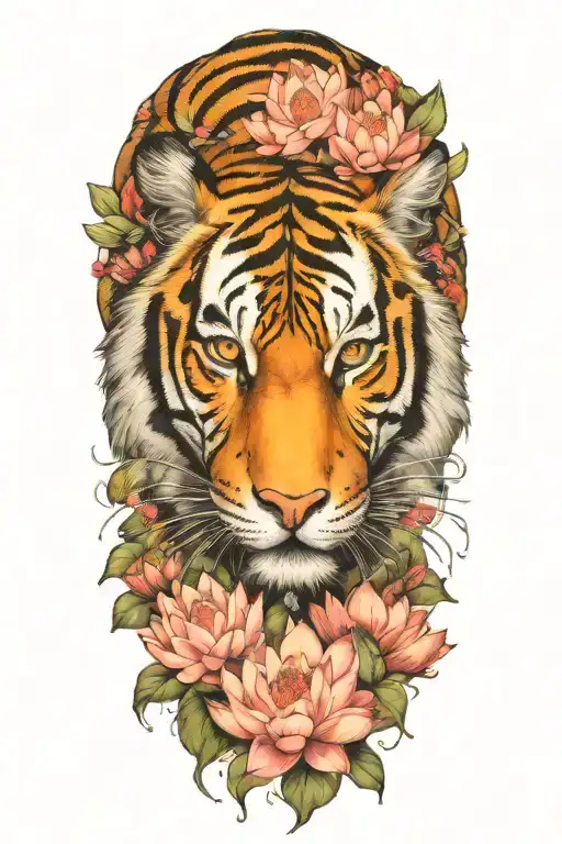 Tiger Surrounded By Lotus Flowers