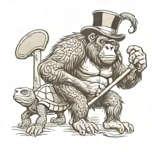 Gorilla Wearing A Top Hat Holding A Shovel With A Turtle Walking Next To It