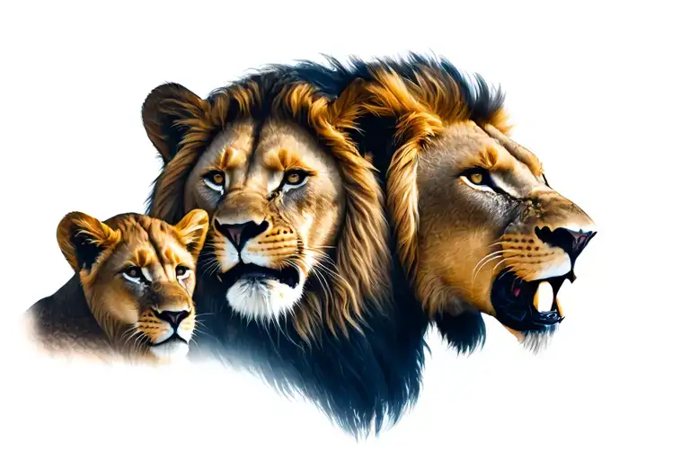 Lion Roaring With A Lioness And 2 Cubs Face Only