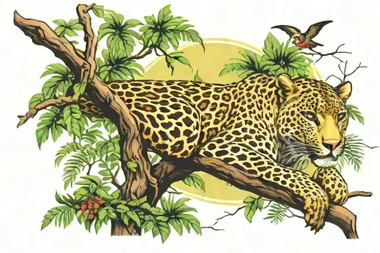 Jungle Landscape With Leopard Lounging In Tree Branch