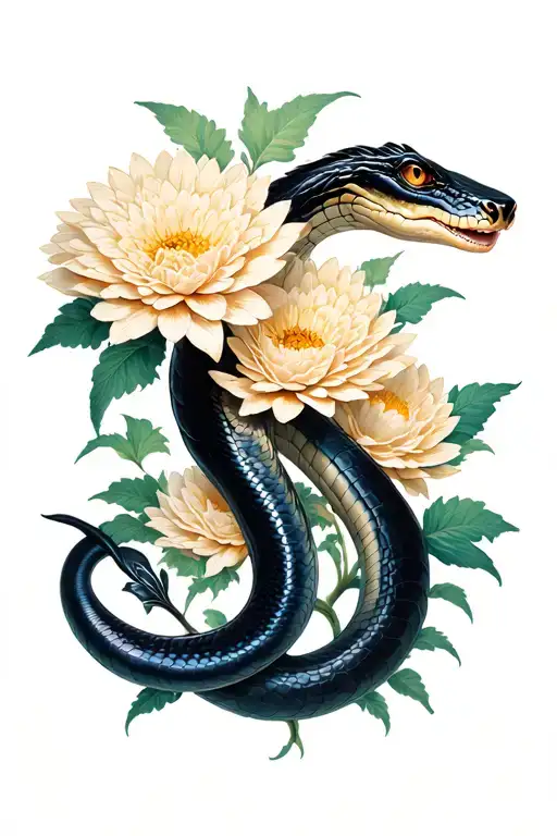 Black Mamba With Chrysanthemum Flower Surrounded