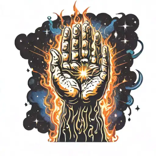 Praying Hands With Fire And Light Rays Graffiti Sky And Stars