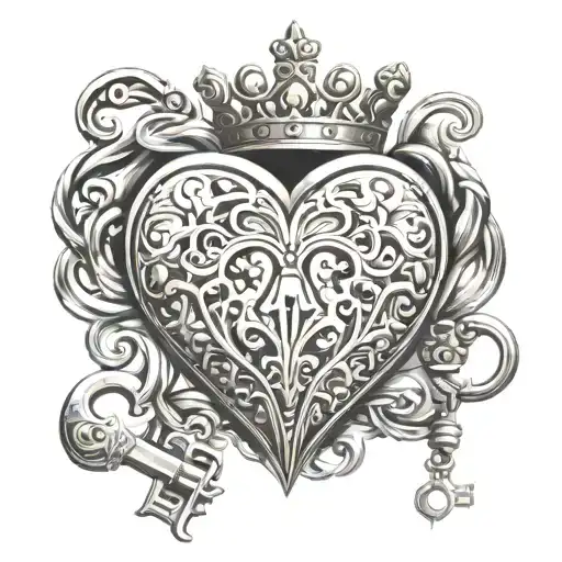 Heart Shape Lock With Key And A Crown With Diamonds