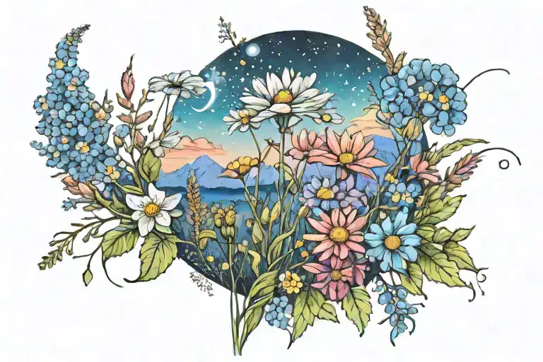 Wistful Meadow Of Wild Flowers With Galaxy In Background