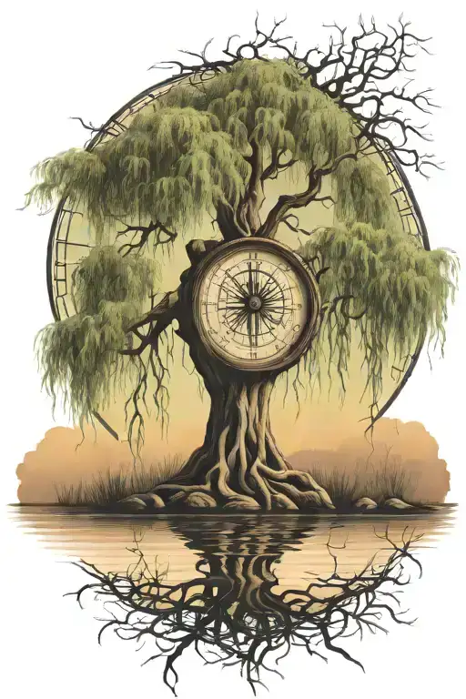 Weeping Willow Tree With Compass Interwined Below The Roots