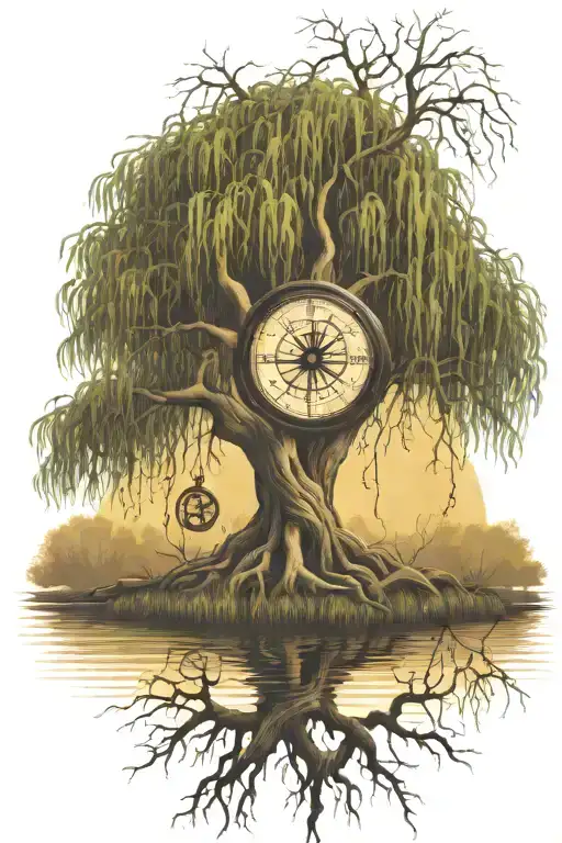 Weeping Willow Tree With Compass Under The Roots