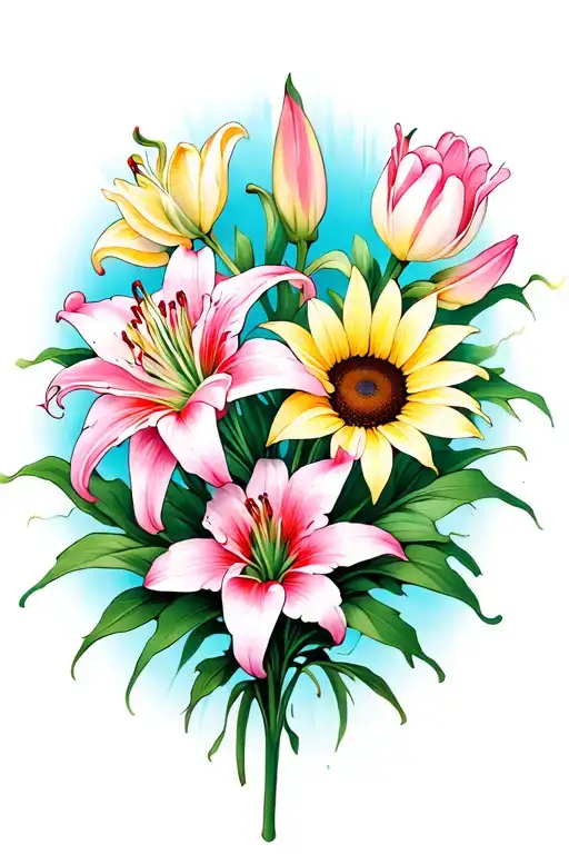 Spider Lilies Intertwined With Tulips And Sunflowers