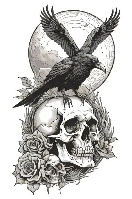 Raven And Skull And Moon Merging Together