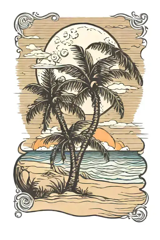 Moon Over Peaceful Beach Scene With Palm
