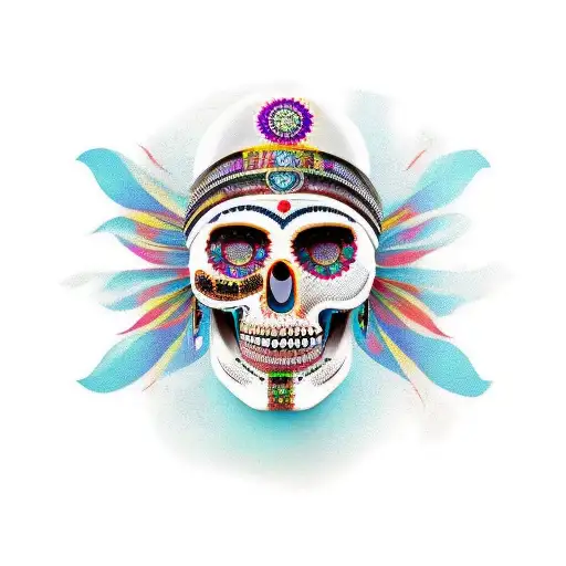 Indian Face Faded Into Skull With Head Dress Wrapped Around