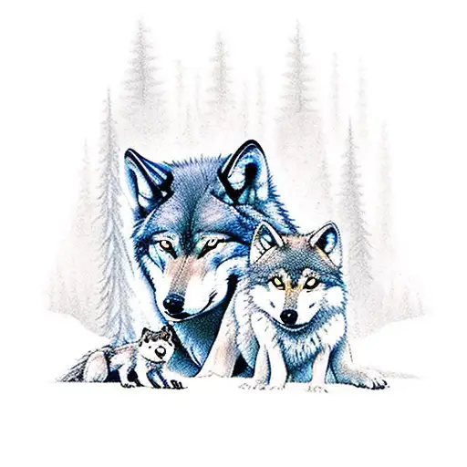 Daddy Wolf Protecting Baby Wolf In A Dark Forest