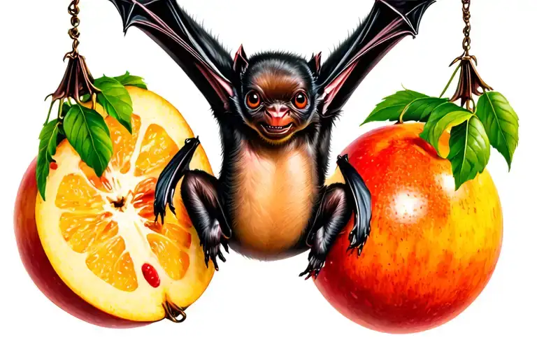 Fruit Bat Hanging Upside Down Eating A Fruit