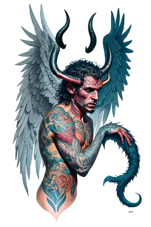 Mid Ange Mid Demon Man With Angel Wings And Demon Horns And Demon Tail And Angeline Aurele