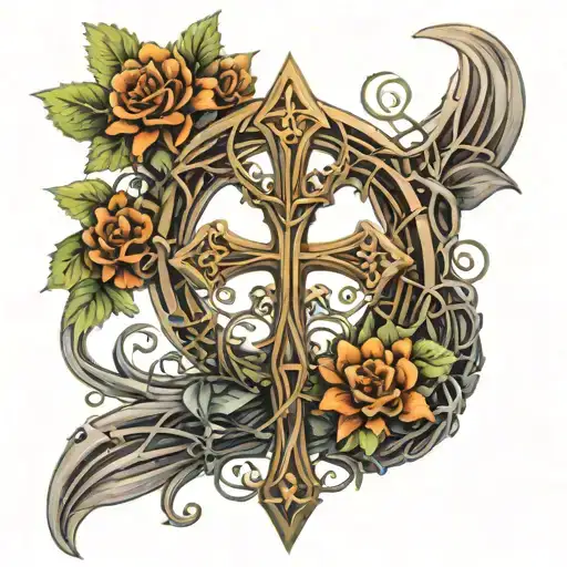Ankh Symbol Intertwined With Vines And Flowers