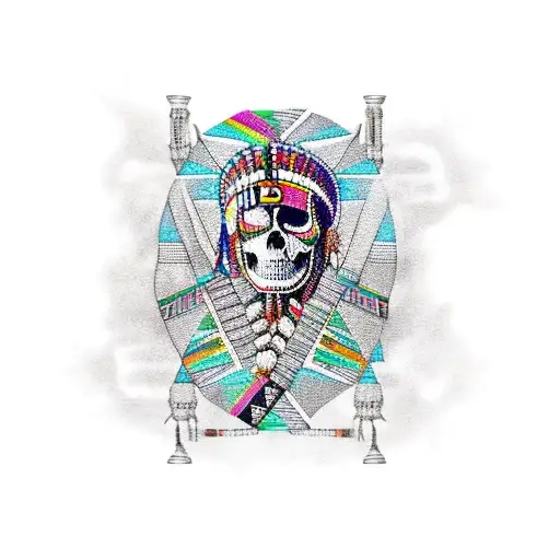 Sleeve With Native American Skull At Shoulder Kente Patterns And Hacker Castle Down The Biceps