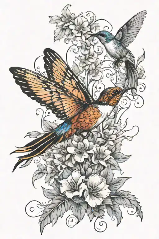 Butterfly Hummingbird Phoenix Rising From Burning Bed Of Flowers