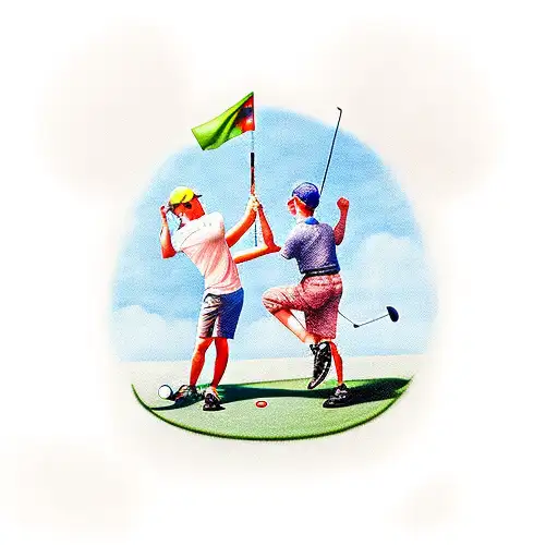 One Man With His Child Son Carryng Golf Clubs