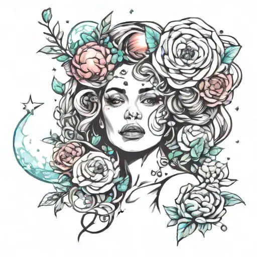 Planets Made Of Flowers With Stars And Beautiful Women