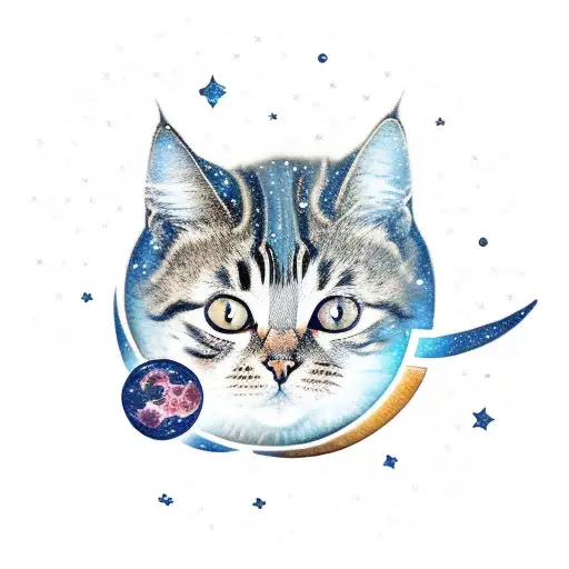 Calligraphic Milkyway With A Small Cat And A Moon And Stars
