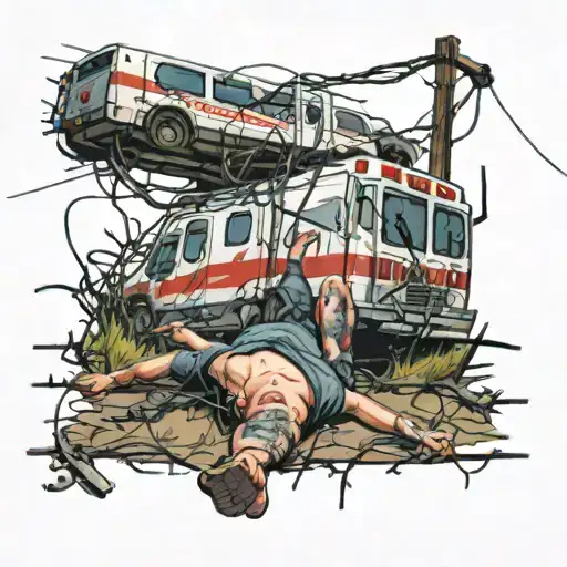 Person On Ground Stuck In Barbed Wire With Ambulance In Background