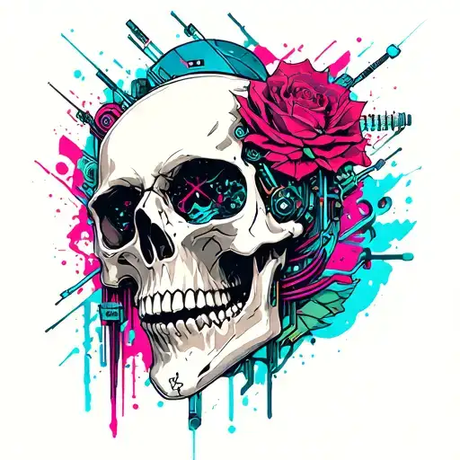Skull With Cyberpunk Inspired Tattoo Featuring Iconic Symbols