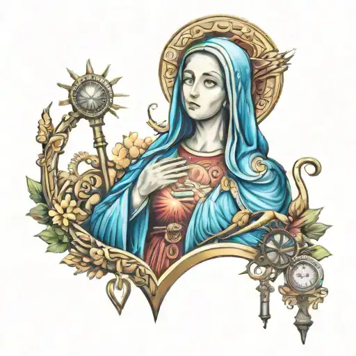 A Stylized Virgin Mary Surrounded By Medical Symbols Like A Stethoscope And A Caduceus