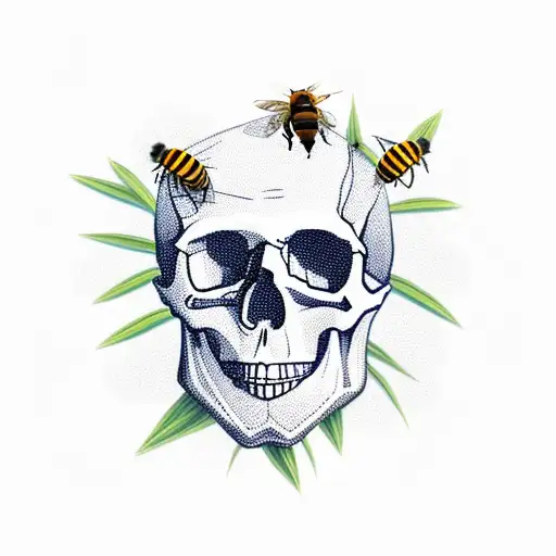 Skull In The Grass With A Honeycomb In The Eyes With A Bee Coming Out