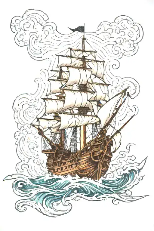 A Broken Down Pirate Ship Sailing Through Stormy Seas