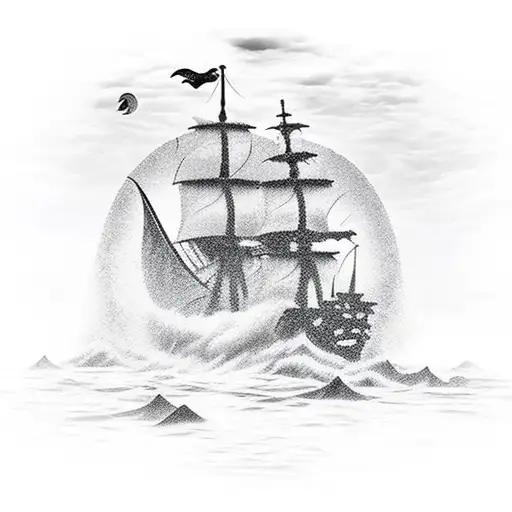 Pirate Ship In The Storm In Front Of Mountains And A Sunset