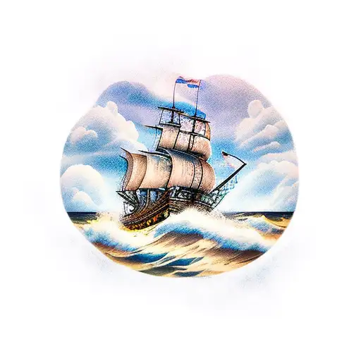 A Huge Pirate Ship In A Brave Sea