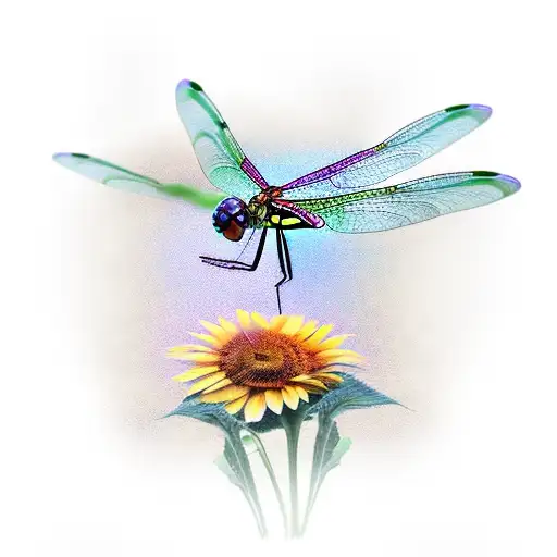 Dragonfly Flying Amongst Sunflowers