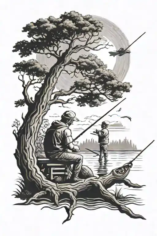 A Man And Son Fishing And A Tree And A Sun In The Distanc
