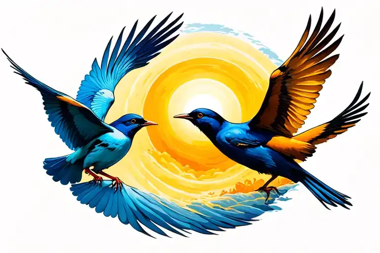 Birds Perched And Flying Towards The Sun