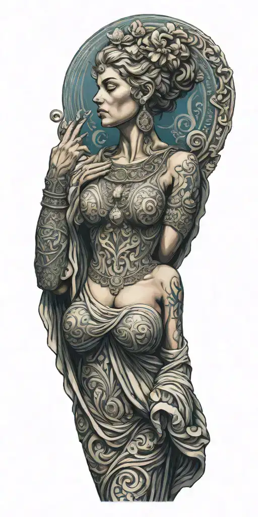 The Front Side Of A Full-body Greek Goddess With Dress And Hands Down