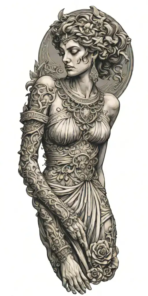 The Full Front Side Of A Greek Goddess With Dress And Hands Down