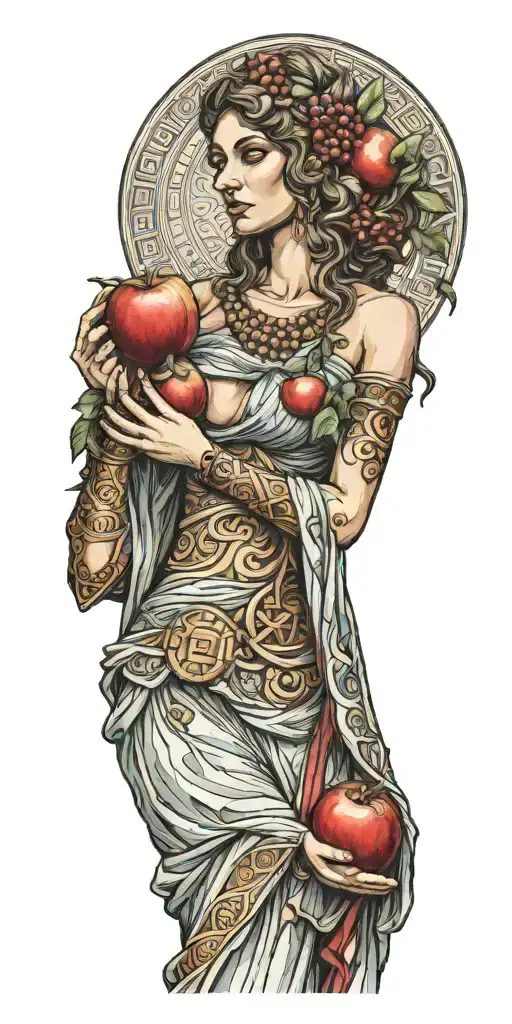 The Full Front Side Of A Greek Goddess With Dress And Hands Down Holding A Pomegrenate