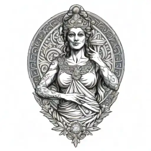 The Full Front Side Of A Ancient Greek Goddess With Dress And Hands Down