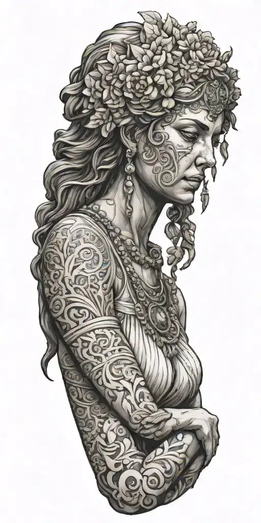 The Full Front Side Of A Ancient Greek Goddess With Dress And Hands Down