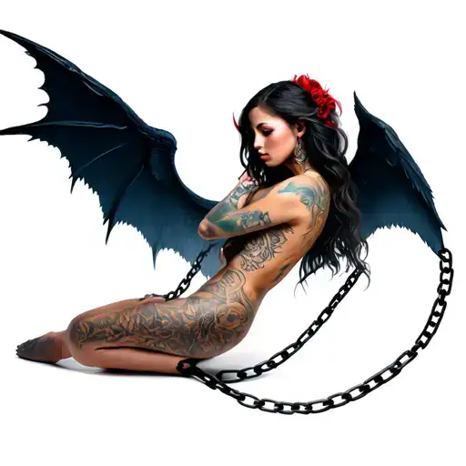 Chained Girl With Tattoo Devil Wing