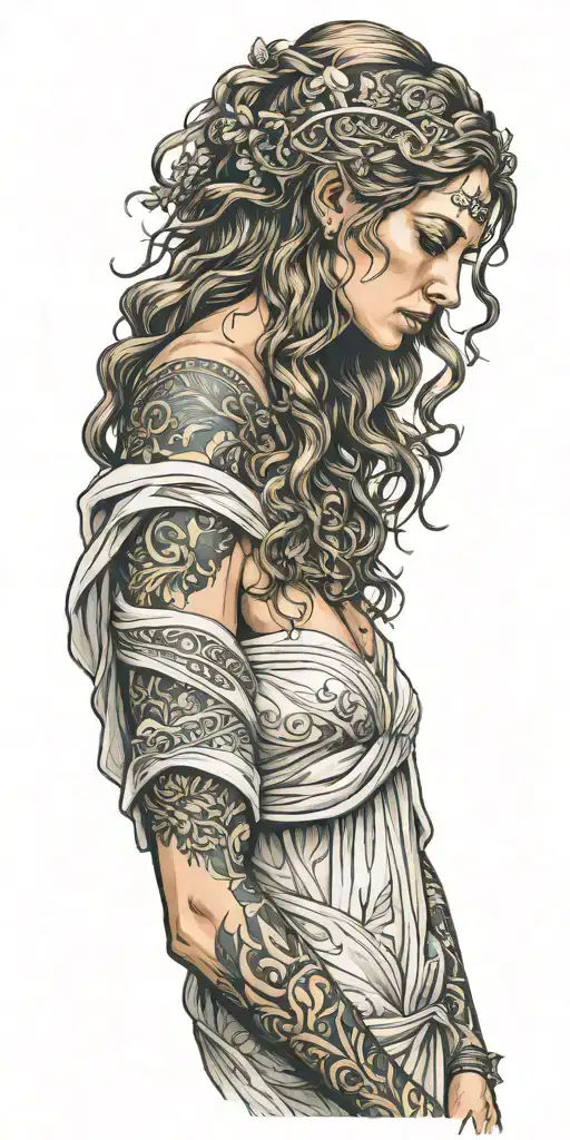 Full-front Side Of Greek Goddess With Hands Down Wearing Long Dress