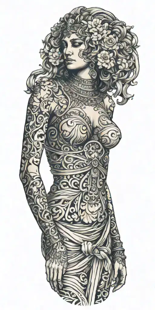 Full-front Side Of Greek Goddess With Hands Down Wearing Long Dress