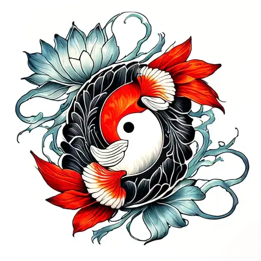 Detailed Masculine Lotus Tattoo For Men With Red And Black Yin And Yang Koi Fish Swimming Around It