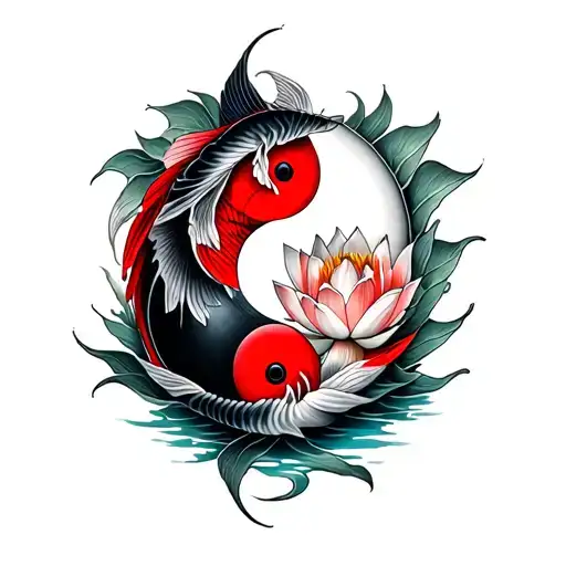 Detailed Masculine Lotus Tattoo For Men With Red And Black Yin And Yang Koi Fish Swimming Around It