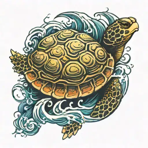 Turtle Surrounded With Waves Japanese