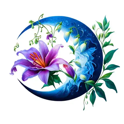 Lilie Of The Valley Flower Intertwinded With Crescent Moon