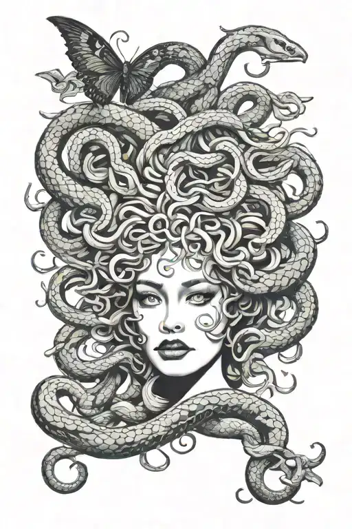 Medusa With Snakes And Moths Flying