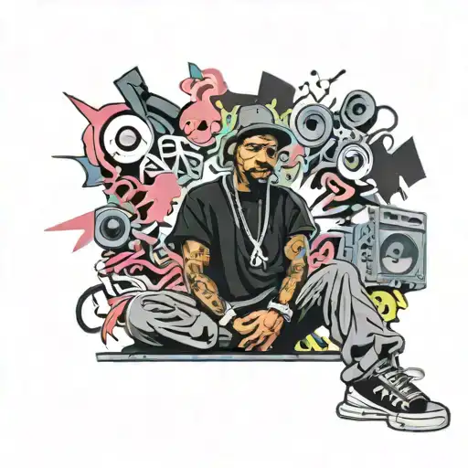 A Graffiti-style Mural Of A Hip Hop Artist Surrounded By Sin Symbols And Music Notes