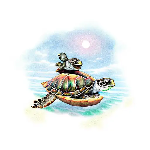 Sea Turtle Momma With Babies